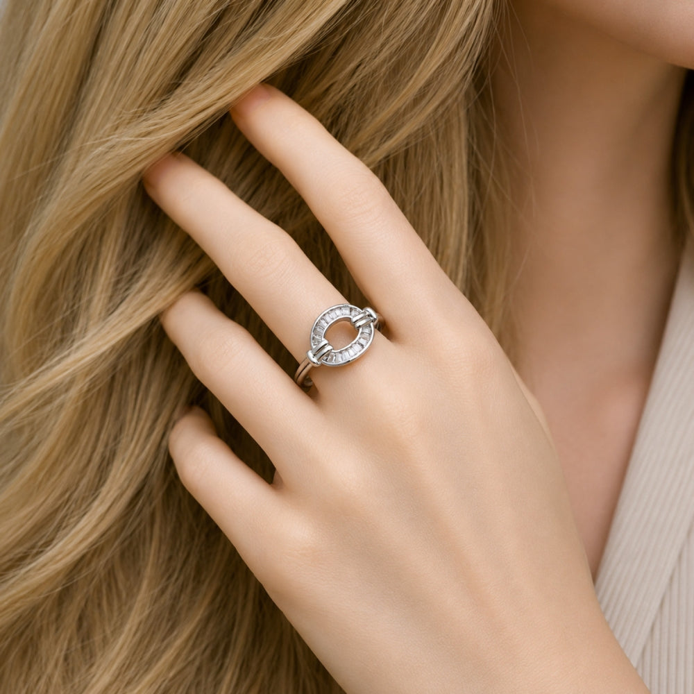 White Gold Filled Multi Stone Ring, Baguette and Horseshoe Design, with White Cubic Zirconia, Polished, Rhodium Finish