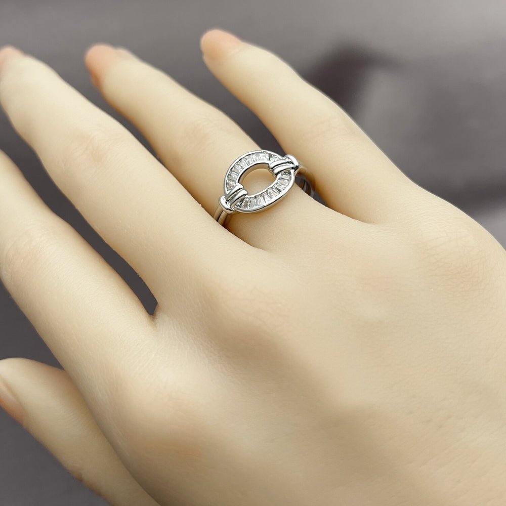 White Gold Filled Multi Stone Ring, Baguette and Horseshoe Design, with White Cubic Zirconia, Polished, Rhodium Finish