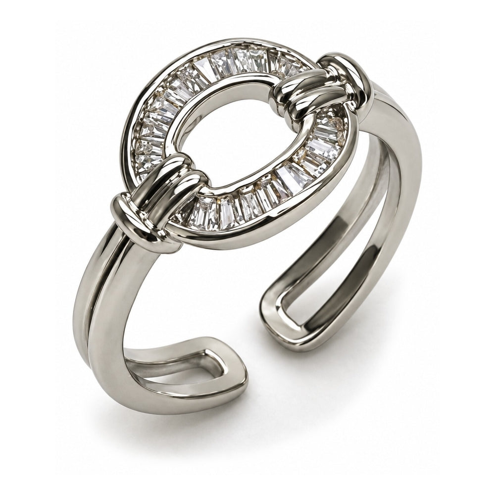 White Gold Filled Multi Stone Ring, Baguette and Horseshoe Design, with White Cubic Zirconia, Polished, Rhodium Finish