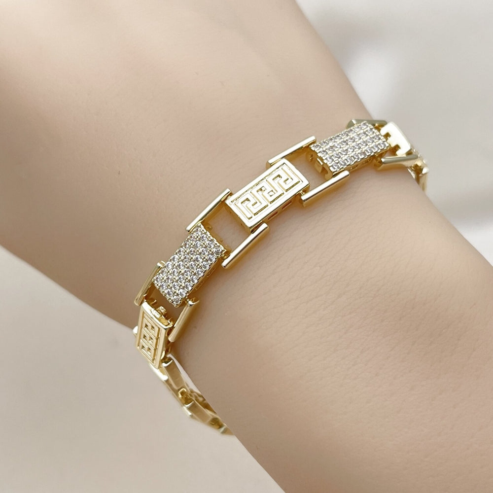 Oro Laminado Tennis Bracelet, Gold Filled Style Greek Key Design, with White Cubic Zirconia, Polished, Golden Finish