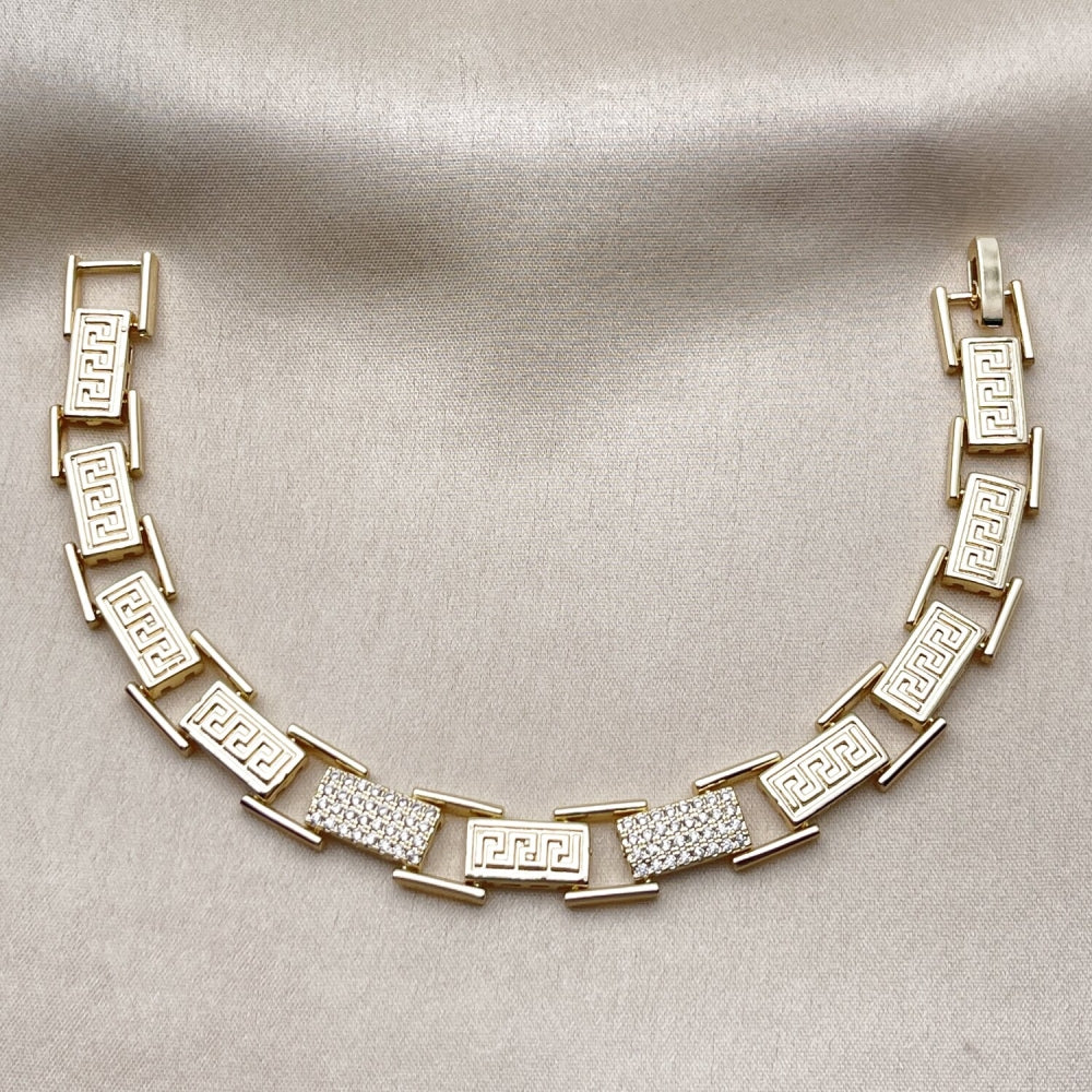 Oro Laminado Tennis Bracelet, Gold Filled Style Greek Key Design, with White Cubic Zirconia, Polished, Golden Finish