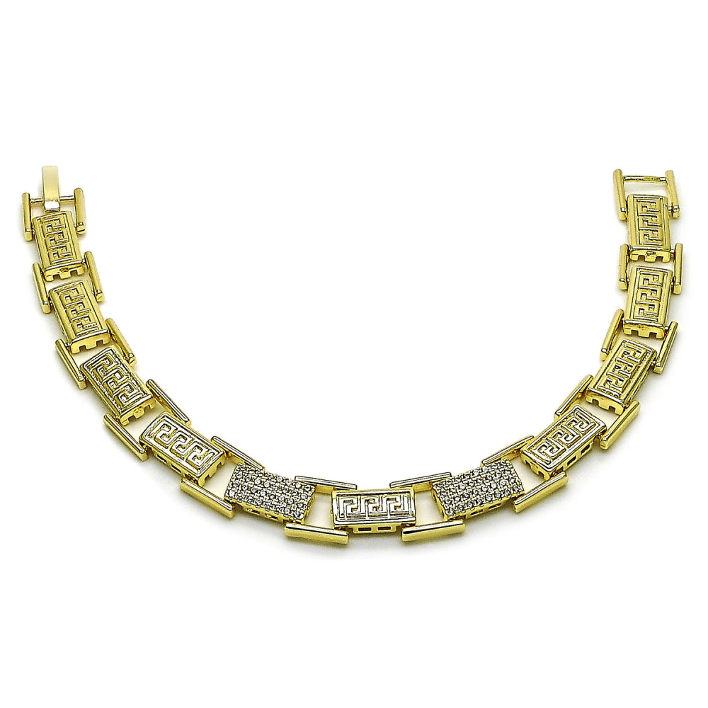Oro Laminado Tennis Bracelet, Gold Filled Style Greek Key Design, with White Cubic Zirconia, Polished, Golden Finish