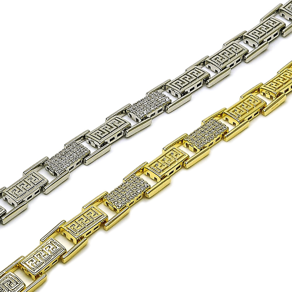 Oro Laminado Tennis Bracelet, Gold Filled Style Greek Key Design, with White Cubic Zirconia, Polished, Golden Finish
