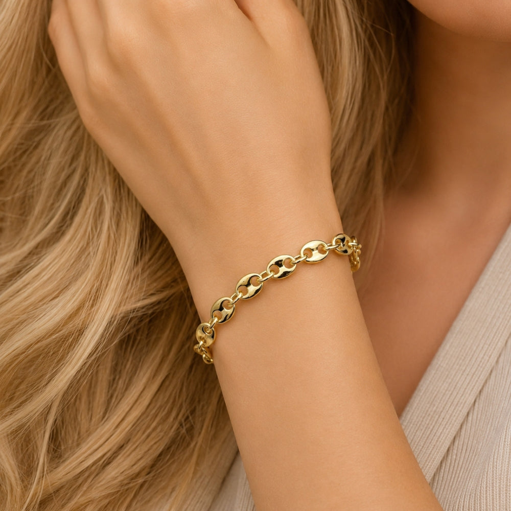 Oro Laminado Fancy Bracelet, Gold Filled Style Puff Mariner Design, Polished, Golden Finish