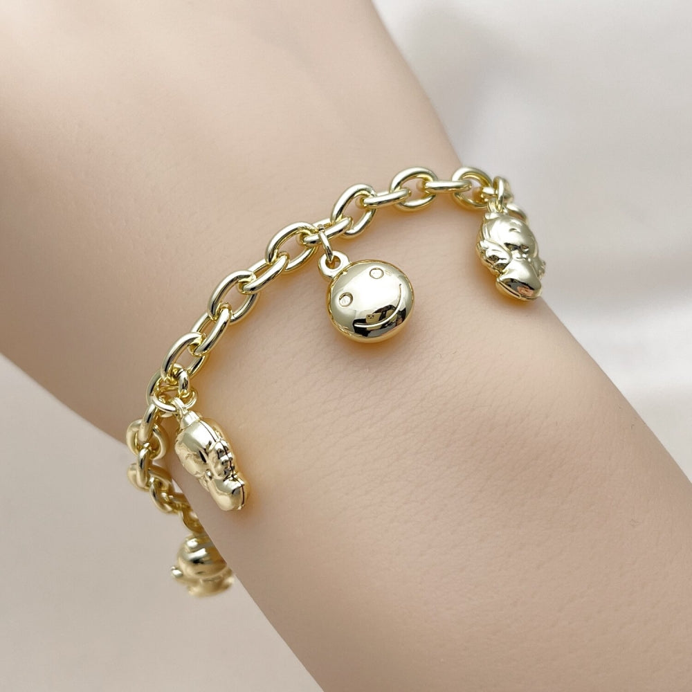 Oro Laminado Charm Bracelet, Gold Filled Style Angel and Smile Design, Polished, Golden Finish