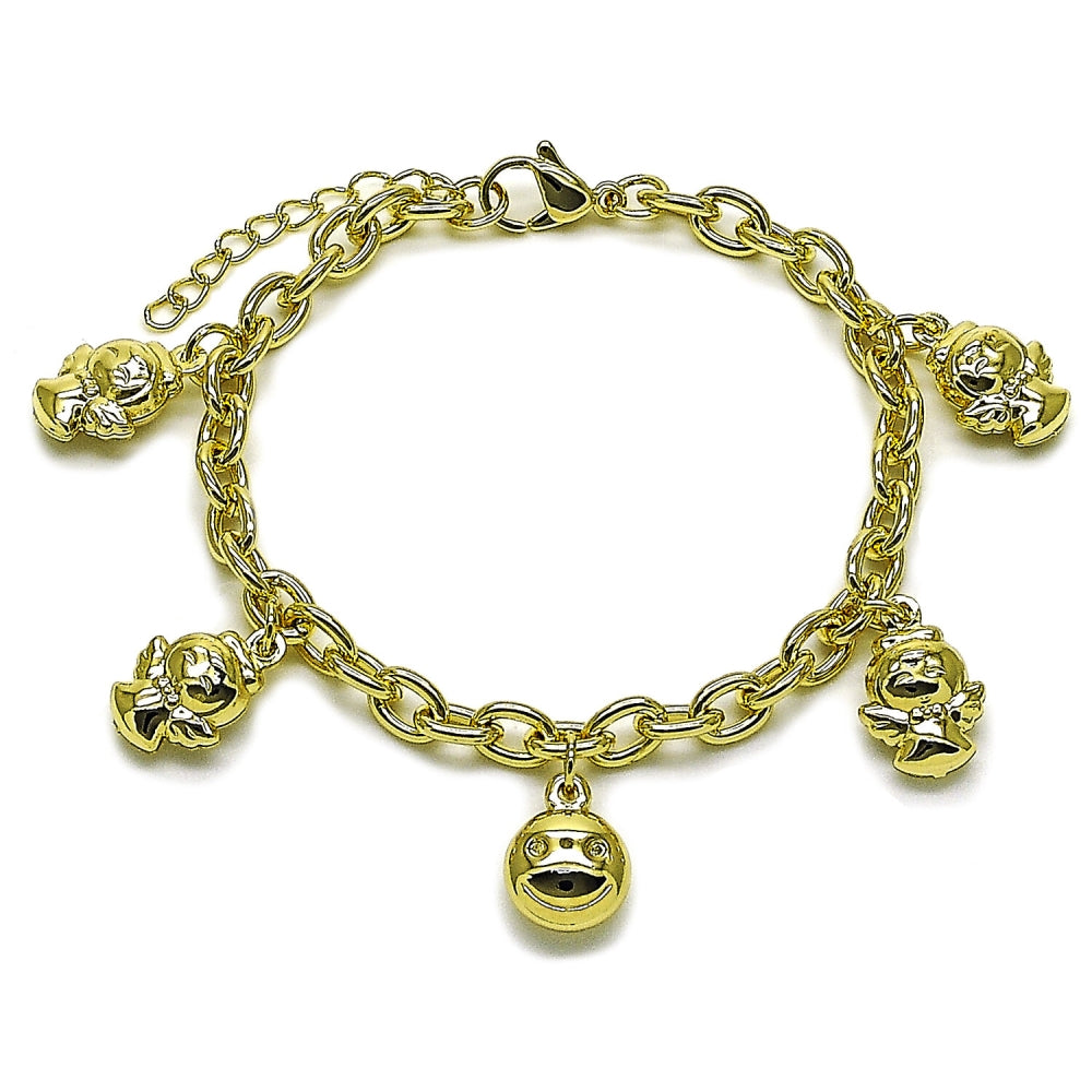 Oro Laminado Charm Bracelet, Gold Filled Style Angel and Smile Design, Polished, Golden Finish
