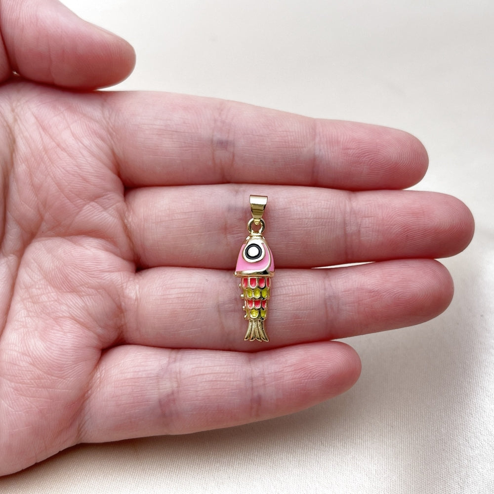 Oro Laminado Fancy Pendant, Gold Filled Style Fish Design, Pink Enamel Finish, Golden Finish