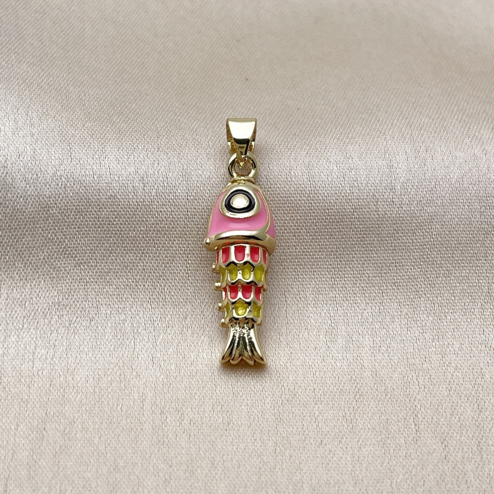 Oro Laminado Fancy Pendant, Gold Filled Style Fish Design, Pink Enamel Finish, Golden Finish