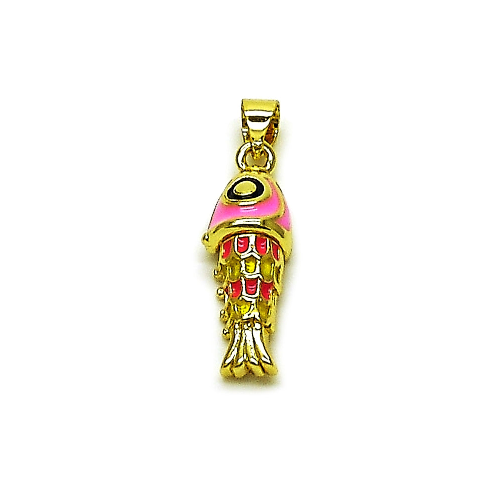 Oro Laminado Fancy Pendant, Gold Filled Style Fish Design, Pink Enamel Finish, Golden Finish