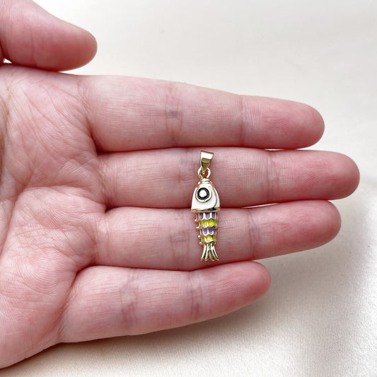 Oro Laminado Fancy Pendant, Gold Filled Style Fish Design, White Enamel Finish, Golden Finish