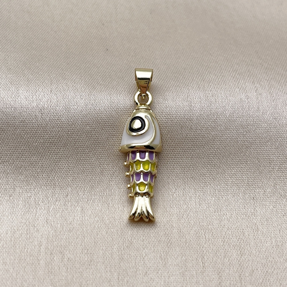 Oro Laminado Fancy Pendant, Gold Filled Style Fish Design, White Enamel Finish, Golden Finish