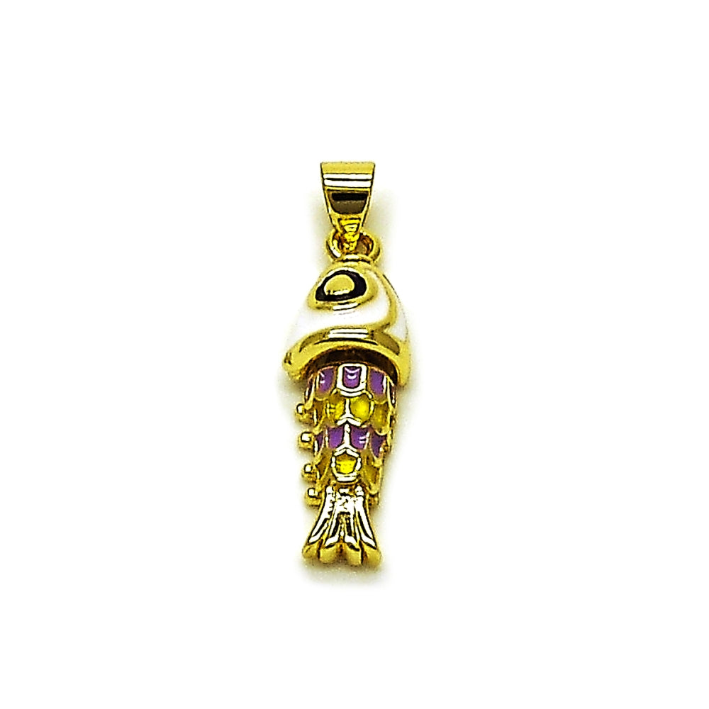Oro Laminado Fancy Pendant, Gold Filled Style Fish Design, White Enamel Finish, Golden Finish