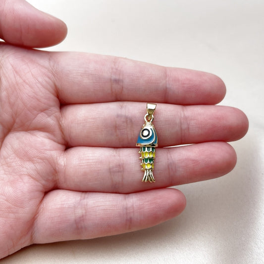 Oro Laminado Fancy Pendant, Gold Filled Style Fish Design, Turquoise Enamel Finish, Golden Finish