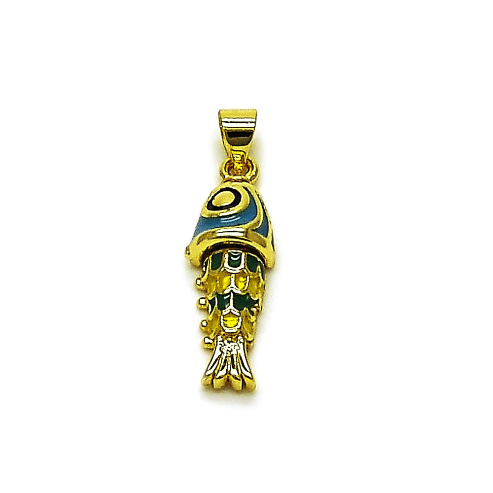 Oro Laminado Fancy Pendant, Gold Filled Style Fish Design, Turquoise Enamel Finish, Golden Finish