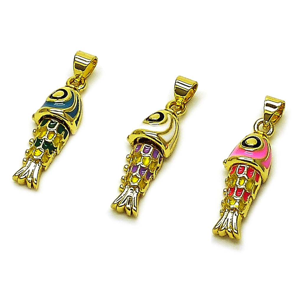 Oro Laminado Fancy Pendant, Gold Filled Style Fish Design, Turquoise Enamel Finish, Golden Finish