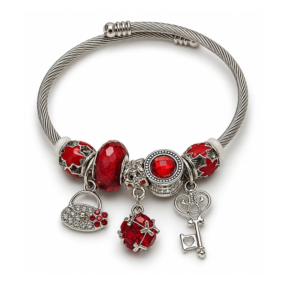 Stainless Steel Individual Bangle, key and Suitecase Design, with Garnet Cubic Zirconia and Light Siam Crystal, Red Enamel Finish, Rhodium Finish