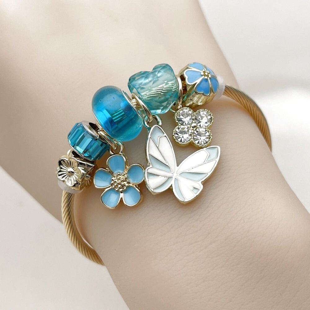 Stainless Steel Individual Bangle, Butterfly and Flower Design, with Light Turquoise and Crystal Crystal, Turquoise Enamel Finish, Golden Finish