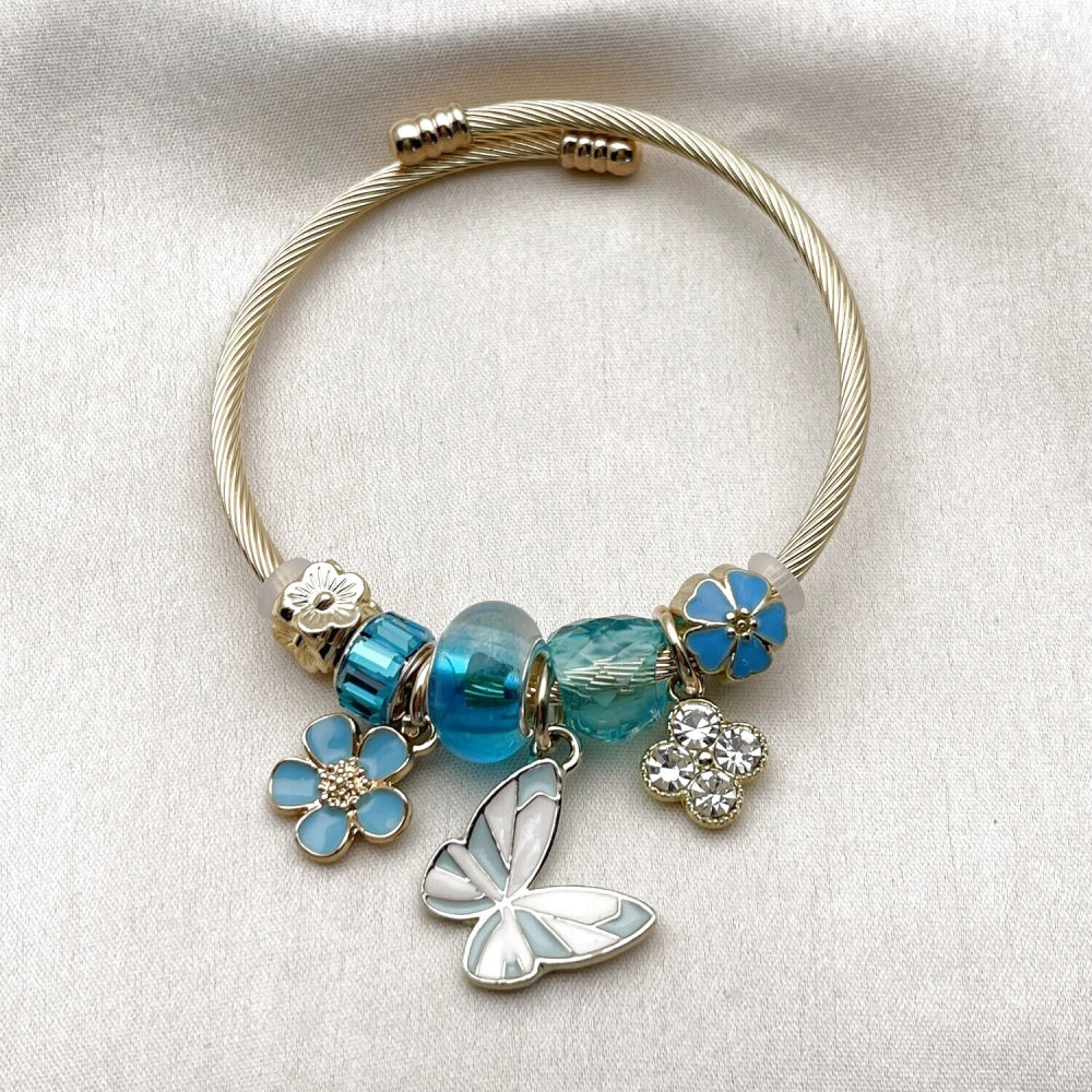 Stainless Steel Individual Bangle, Butterfly and Flower Design, with Light Turquoise and Crystal Crystal, Turquoise Enamel Finish, Golden Finish