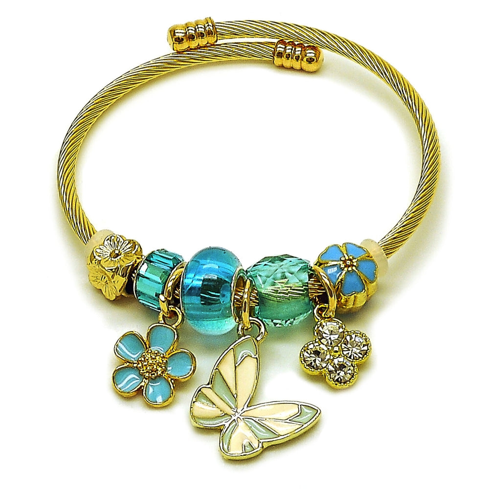 Stainless Steel Individual Bangle, Butterfly and Flower Design, with Light Turquoise and Crystal Crystal, Turquoise Enamel Finish, Golden Finish