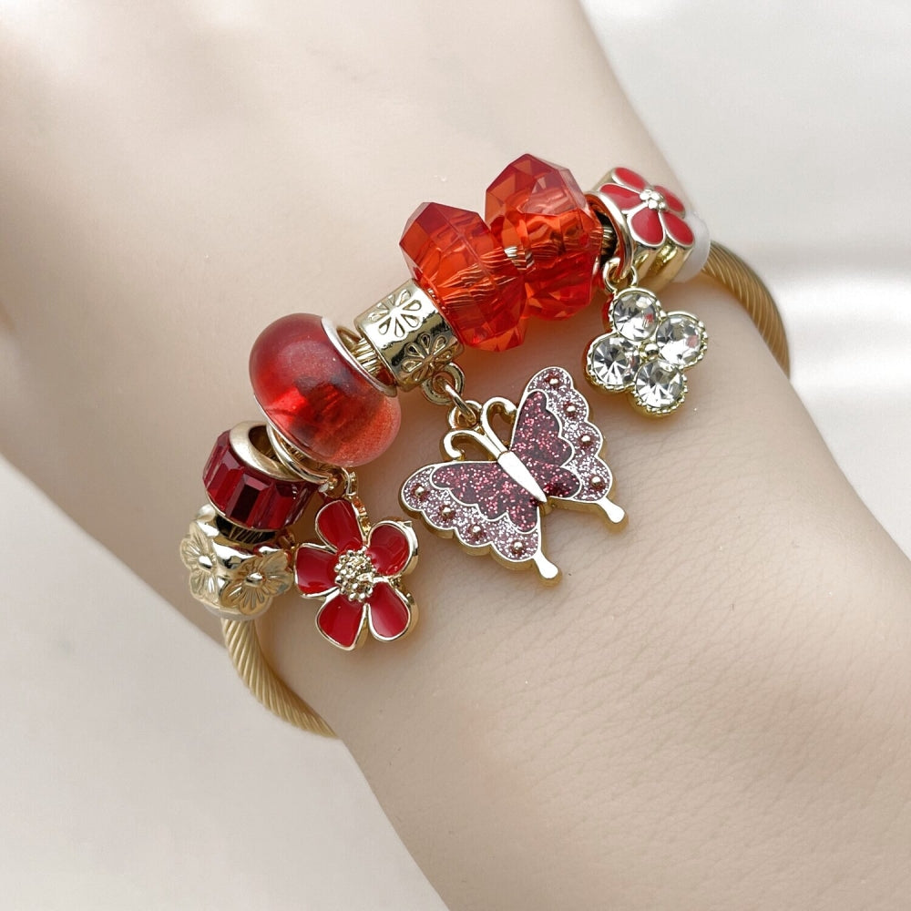 Stainless Steel Individual Bangle, Butterfly and Flower Design, with Light Siam and Crystal Crystal, Red Enamel Finish, Golden Finish