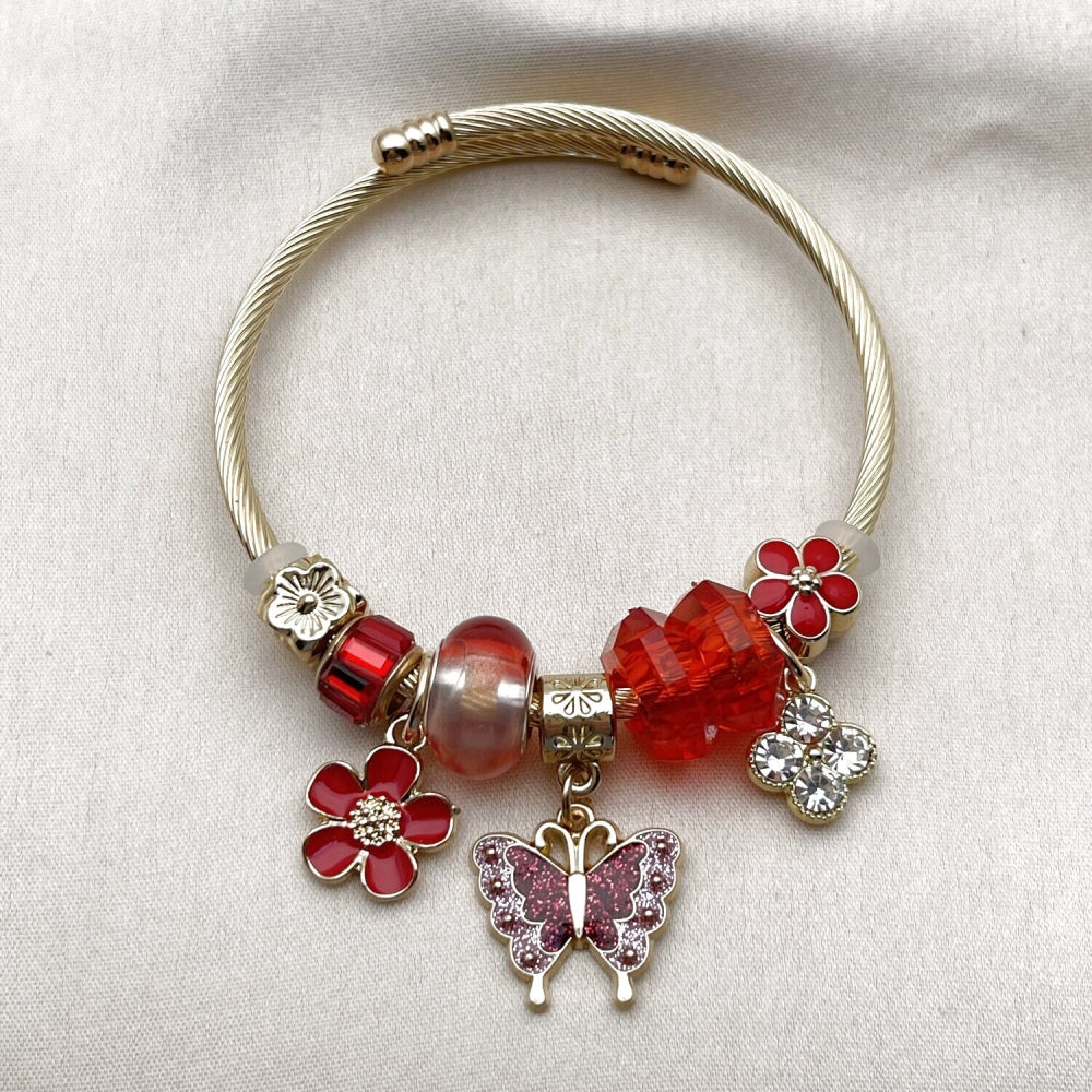 Stainless Steel Individual Bangle, Butterfly and Flower Design, with Light Siam and Crystal Crystal, Red Enamel Finish, Golden Finish