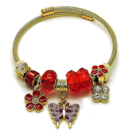 Stainless Steel Individual Bangle, Butterfly and Flower Design, with Light Siam and Crystal Crystal, Red Enamel Finish, Golden Finish