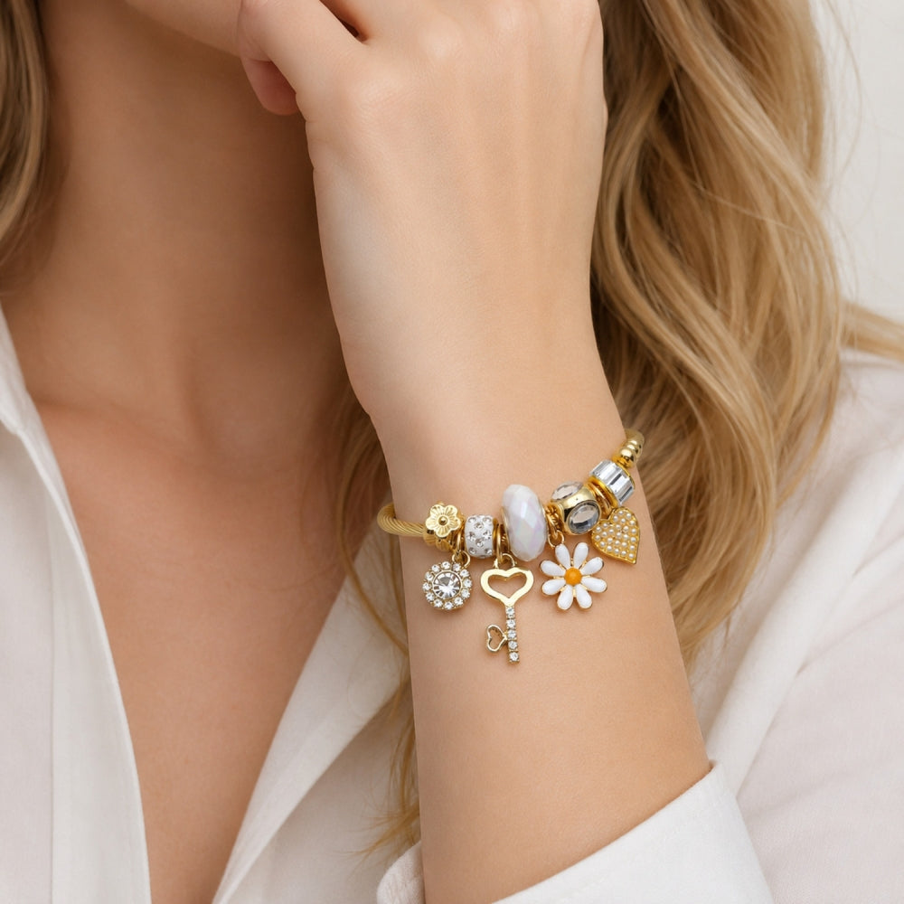 Stainless Steel Individual Bangle, Flower and Heart Design, with Crystal and Aurore Boreale Crystal, White Enamel Finish, Golden Finish