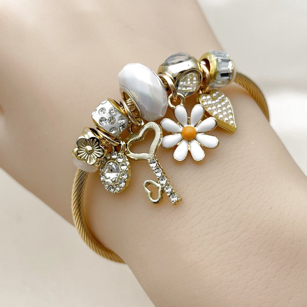 Stainless Steel Individual Bangle, Flower and Heart Design, with Crystal and Aurore Boreale Crystal, White Enamel Finish, Golden Finish