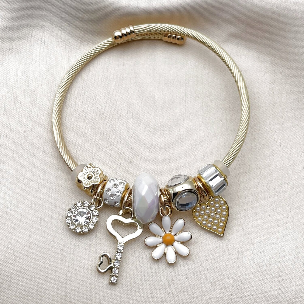 Stainless Steel Individual Bangle, Flower and Heart Design, with Crystal and Aurore Boreale Crystal, White Enamel Finish, Golden Finish