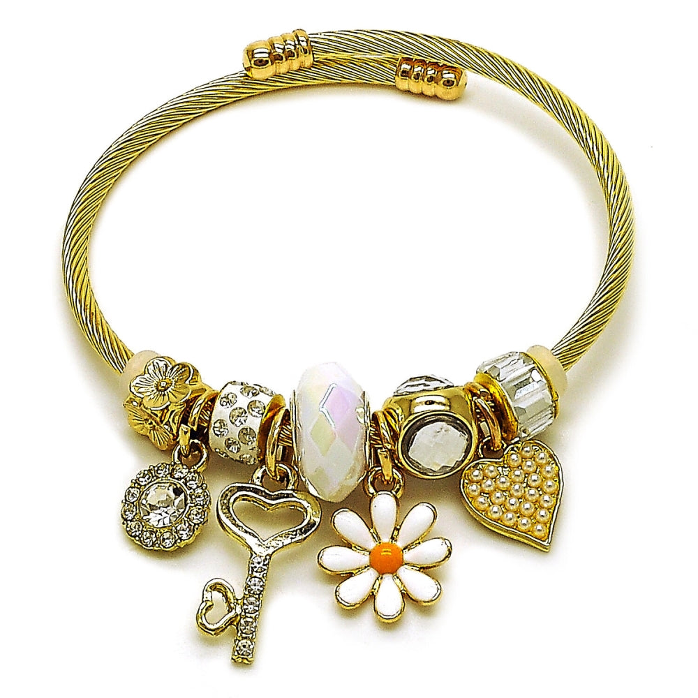Stainless Steel Individual Bangle, Flower and Heart Design, with Crystal and Aurore Boreale Crystal, White Enamel Finish, Golden Finish