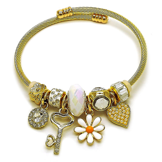 Stainless Steel Individual Bangle, Flower and Heart Design, with Crystal and Aurore Boreale Crystal, White Enamel Finish, Golden Finish