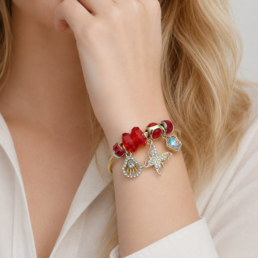 Stainless Steel Individual Bangle, Butterfly and Shell Design, with Siam and Aurore Boreale Crystal, Polished, Golden Finish