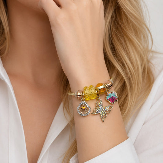 Stainless Steel Individual Bangle, Butterfly and Shell Design, with Light Smoked Topaz and Aurore Boreale Crystal, Polished, Golden Finish