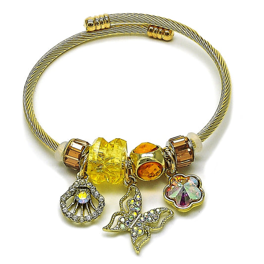 Stainless Steel Individual Bangle, Butterfly and Shell Design, with Light Smoked Topaz and Aurore Boreale Crystal, Polished, Golden Finish