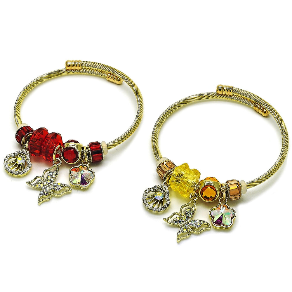Stainless Steel Individual Bangle, Butterfly and Shell Design, with Light Smoked Topaz and Aurore Boreale Crystal, Polished, Golden Finish