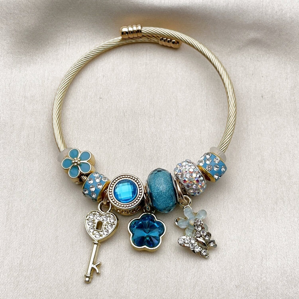 Stainless Steel Individual Bangle, Flower and key Design, with Light Turquoise and Crystal Crystal, Turquoise Enamel Finish, Golden Finish