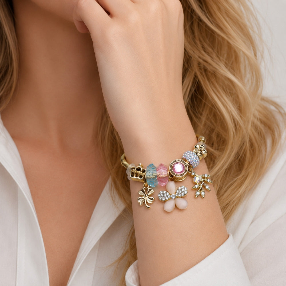 Stainless Steel Individual Bangle, Flower and Four-leaf Clover Design, with Light Turquoise and Light Rose Crystal, Polished, Golden Finish