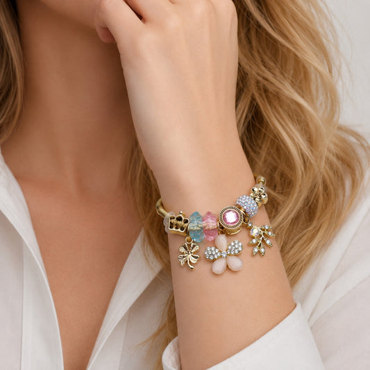 Stainless Steel Individual Bangle, Flower and Four-leaf Clover Design, with Light Turquoise and Light Rose Crystal, Polished, Golden Finish