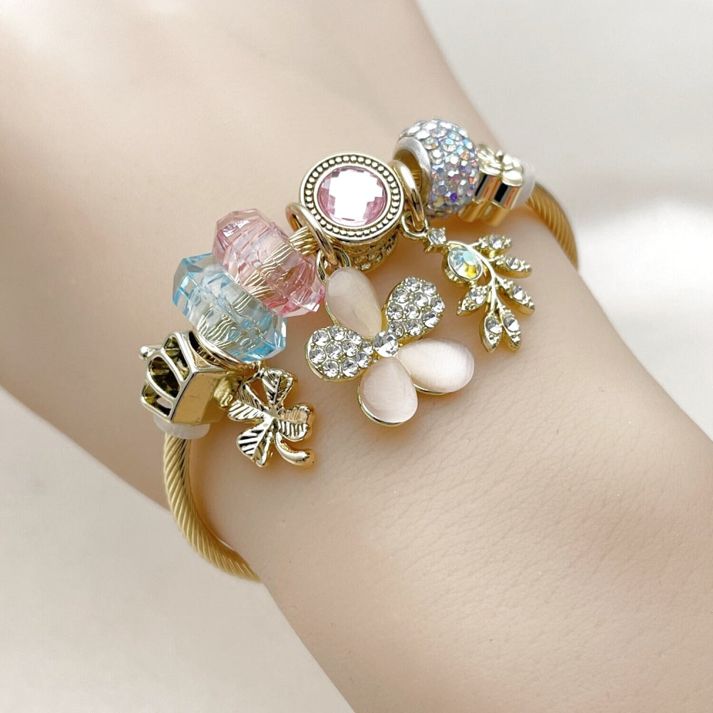 Stainless Steel Individual Bangle, Flower and Four-leaf Clover Design, with Light Turquoise and Light Rose Crystal, Polished, Golden Finish