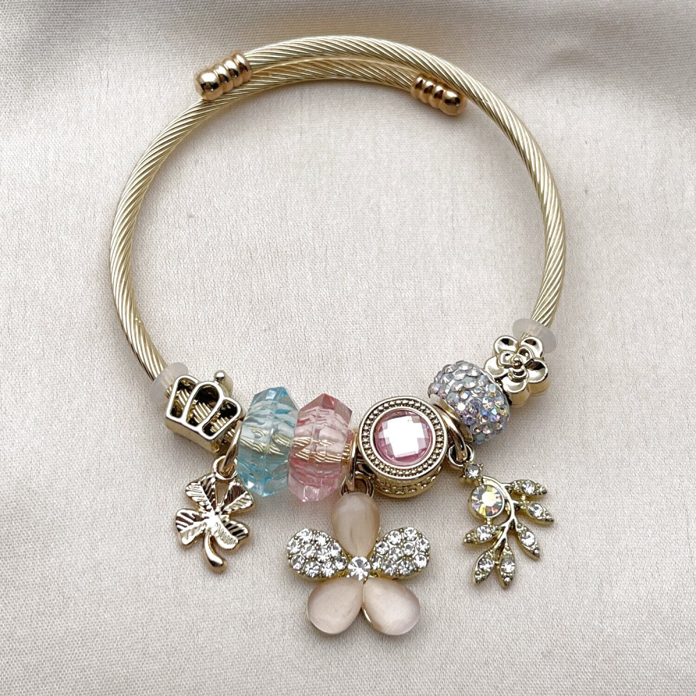 Stainless Steel Individual Bangle, Flower and Four-leaf Clover Design, with Light Turquoise and Light Rose Crystal, Polished, Golden Finish