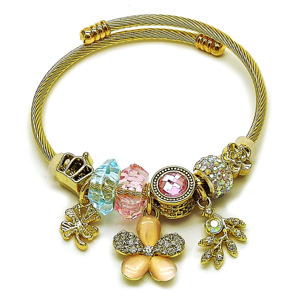 Stainless Steel Individual Bangle, Flower and Four-leaf Clover Design, with Light Turquoise and Light Rose Crystal, Polished, Golden Finish