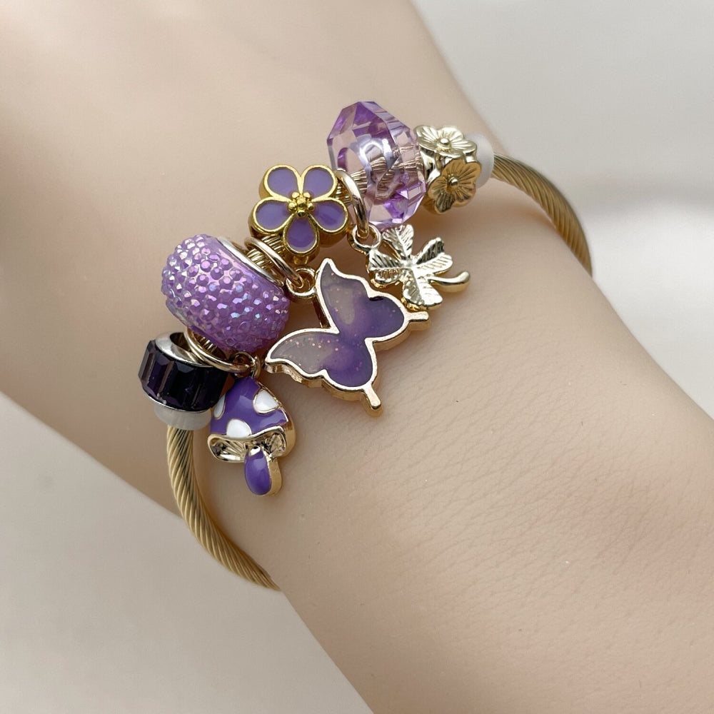 Stainless Steel Individual Bangle, Butterfly and Four-leaf Clover Design, with Violet Crystal, Polished, Golden Finish