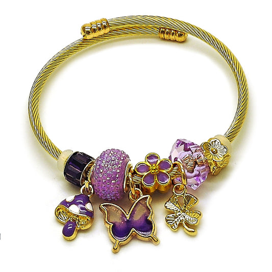 Stainless Steel Individual Bangle, Butterfly and Four-leaf Clover Design, with Violet Crystal, Polished, Golden Finish