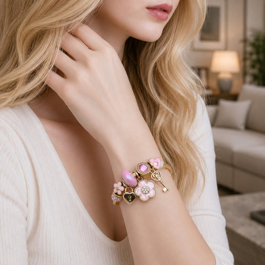 Stainless Steel Individual Bangle, Flower and key Design, with Light Rose and White Crystal, Pink Enamel Finish, Golden Finish