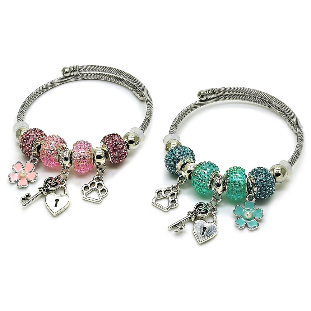 Stainless Steel Individual Bangle, Heart and Lock Design, with Light Turquoise Crystal and Ivory Pearl, Turquoise Enamel Finish, Rhodium Finish