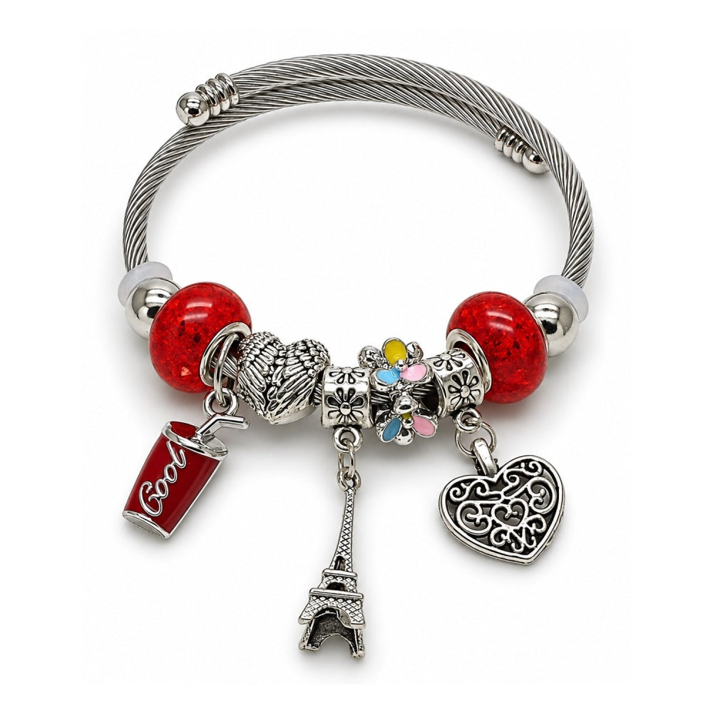 Stainless Steel Individual Bangle, Heart and Eiffel Tower Design, with Light Siam Crystal, Multicolor Enamel Finish, Rhodium Finish