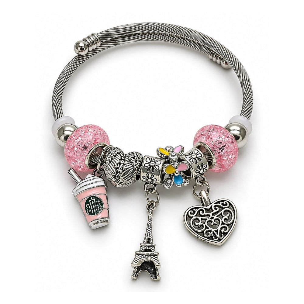Stainless Steel Individual Bangle, Heart and Eiffel Tower Design, with Light Rose Crystal, Multicolor Enamel Finish, Rhodium Finish