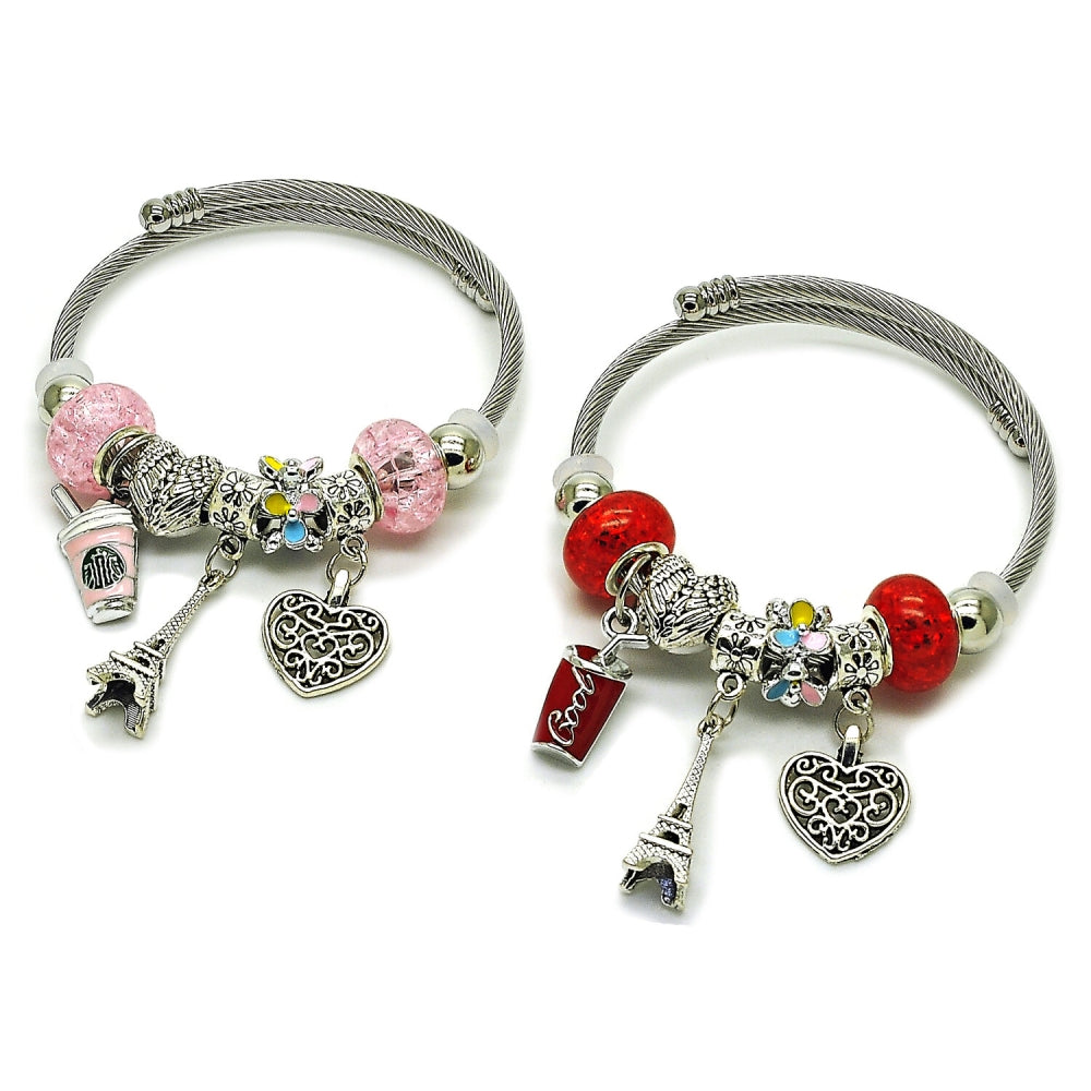 Stainless Steel Individual Bangle, Heart and Eiffel Tower Design, with Light Rose Crystal, Multicolor Enamel Finish, Rhodium Finish