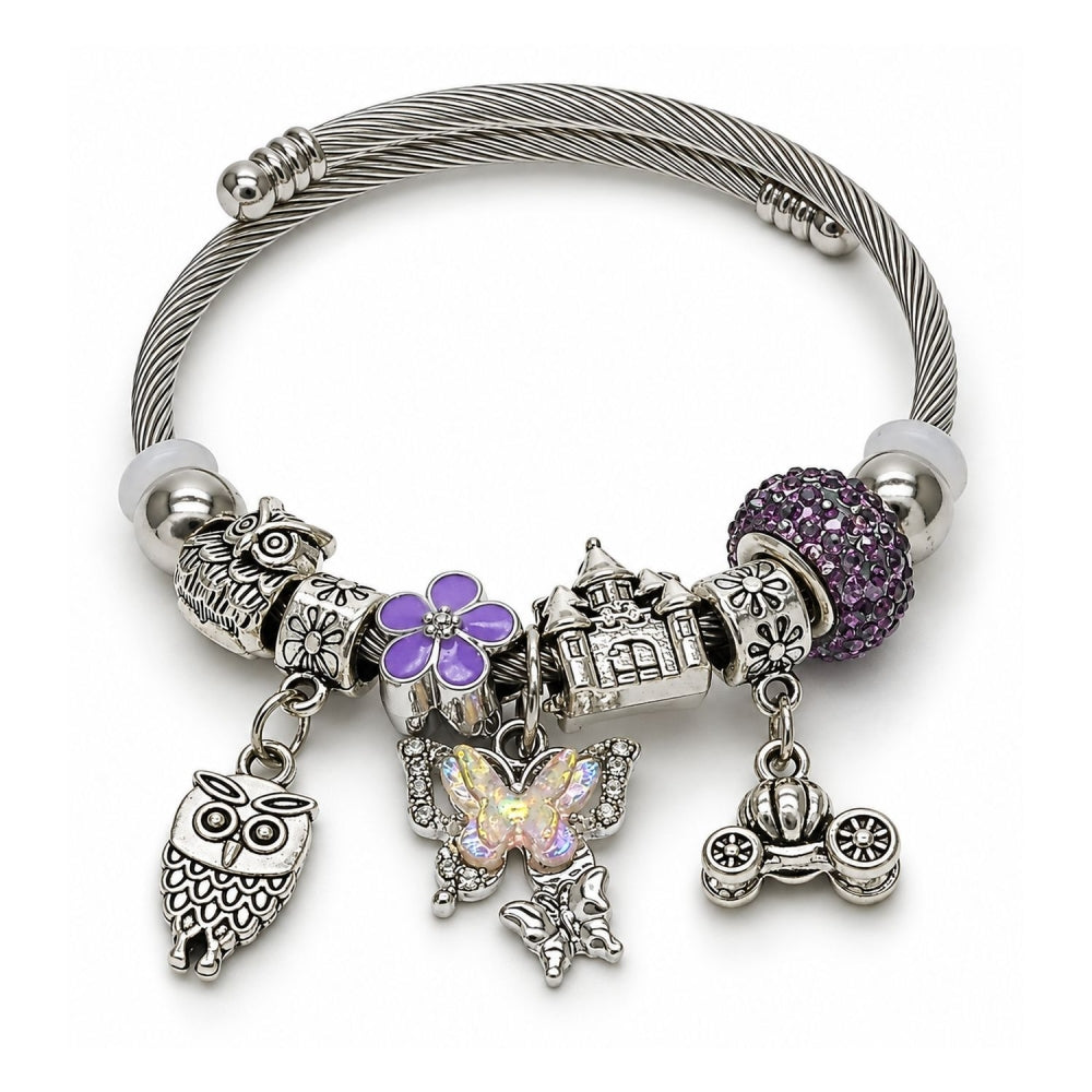 Stainless Steel Individual Bangle, Butterfly and Owl Design, with Crystal and Violet Crystal, Purple Enamel Finish, Rhodium Finish