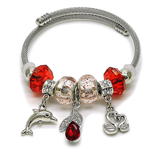 Stainless Steel Individual Bangle, Dolphin and Swan Design, with Light Siam and Crystal Crystal, Polished, Rhodium Finish